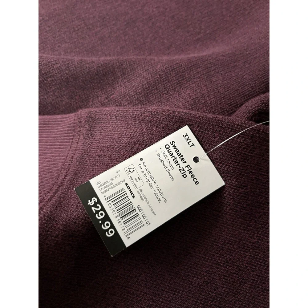 New Sonoma‎ Men's 1/4 Zip Sweater Fleece Size 3XLT Burgundy Soft NWT